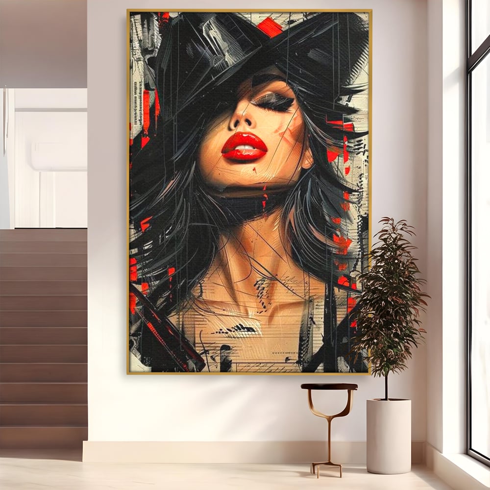 Tablou canvas cu tablou canvas cu portret stilizat de femeie, in rama de aluminiu auriu